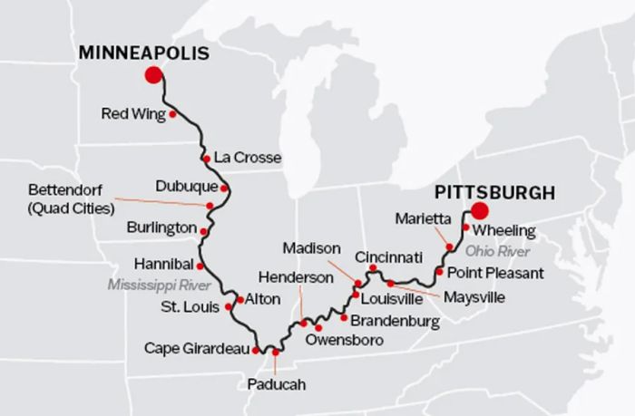 An illustrated map depicting American Queen's route from Minneapolis to Pittsburgh