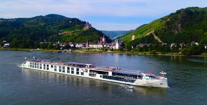 Exterior view of a Riverside river cruise vessel navigating the Rhine River