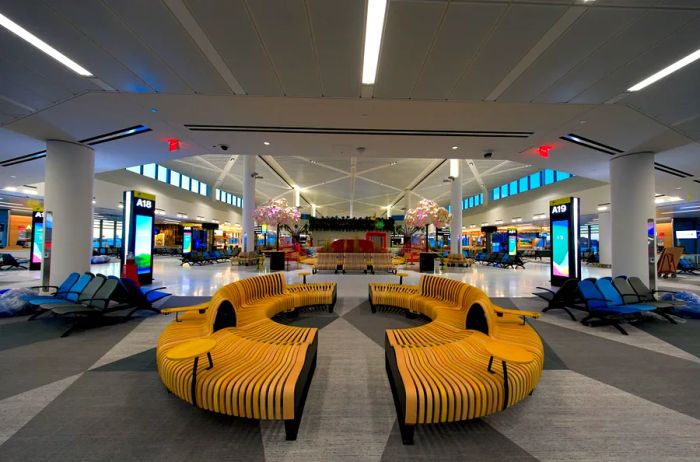 Seating areas and shops beyond security at the new Terminal A of Newark Liberty International Airport