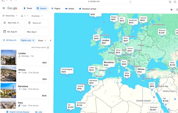 A search conducted on Google Flights in March 2024 revealed budget-friendly round-trip fares to Europe for the week prior to Labor Day.