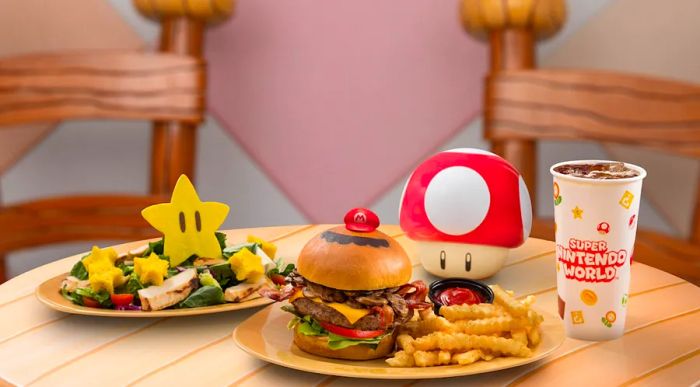 Toadstool Cafe at Super Nintendo World Hollywood offers burgers and salads.