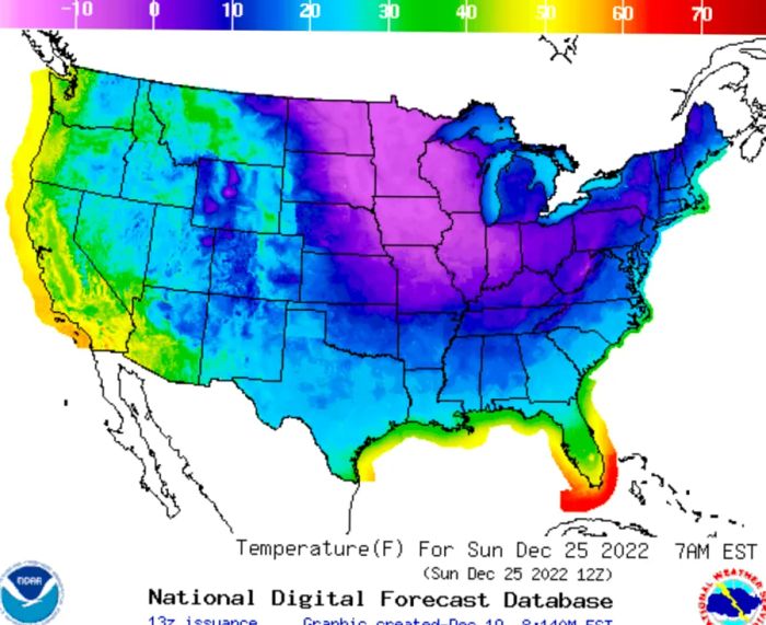 Color-coded National Weather Service forecast map for Christmas 2022