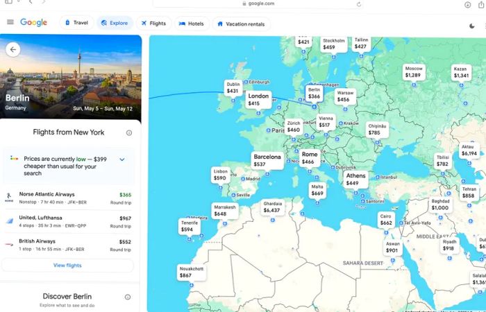 A screenshot capturing a Google Flights map showcasing options for a one-week journey over the next six months from New York City to Europe.