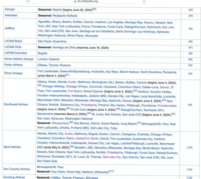 A partial screenshot from the Wikipedia page of Orlando International Airport displays information about when new routes will begin and when existing ones will cease service.