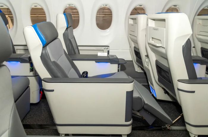 A Breeze Airways first-class seat in recline mode