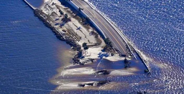 Destruction from Hurricane Ian on the causeway leading to Sanibel Island from Fort Myers, Florida.<br/>