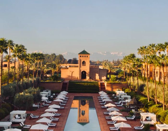 The pool area at the Selman is adorned with palm trees and lounge chairs.