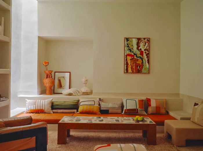 The lounge at Riad Rosemary in Marrakech is adorned with vibrant throw pillows and a beautifully inlaid stone table.