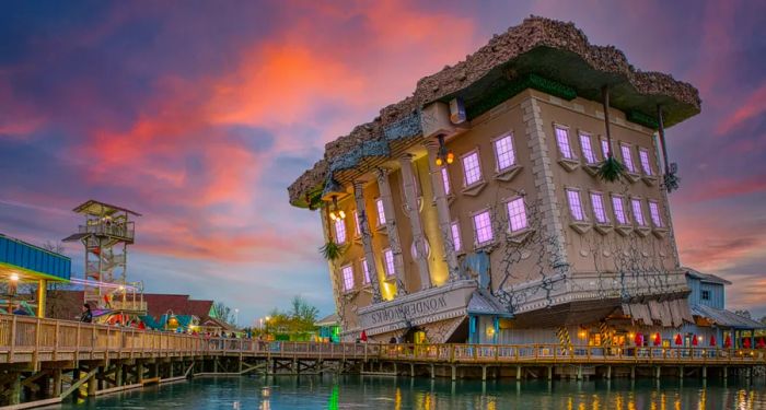 An upside-down building forms part of an interactive display at WonderWorks, South Carolina.