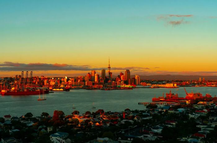 A scenic view of Karaka Bay in Auckland, New Zealand.