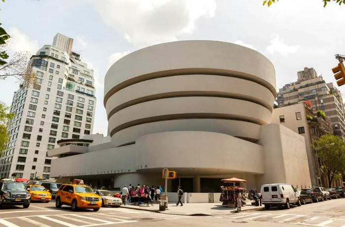 The striking circular entrance of the Guggenheim Museum, crafted by Frank Lloyd Wright.