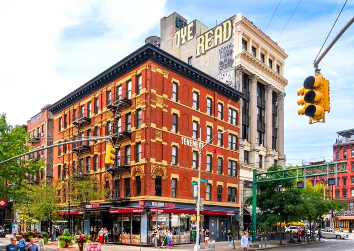 Corner view of the red-brick exterior of the Tenement Museum located on the Lower East Side.