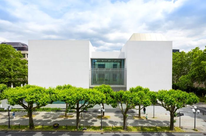 The exterior of the museum consists of two minimalist white blocks with large glass sections, framed by lush green trees in the foreground and sides.