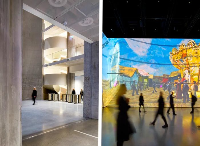 A tall concrete atrium in a museum (L); visitors walking past projected artwork (R)