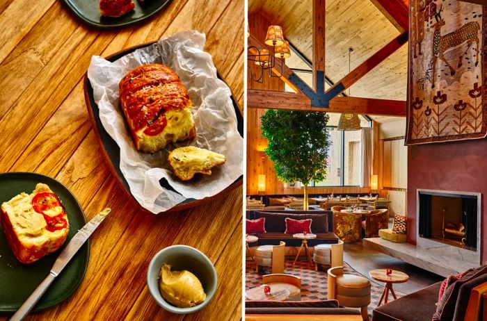 A freshly baked loaf of bread with tomatoes incorporated into it, accompanied by a small dish of butter (L); a lobby featuring a textile above the fireplace, a potted tree, and low-slung seating arrangements.