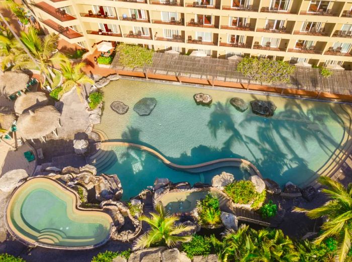 Aerial view showcasing some of the six pools at the oceanfront Hotel Playa Mazatlán