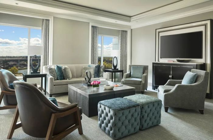 The guest rooms at the Ritz-Carlton, Cleveland showcase a gray color scheme and offer stunning views of the city.