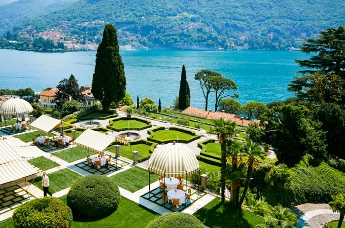 Aerial view of Passalacqua's beautifully landscaped grounds by the shores of Lake Como in Italy.