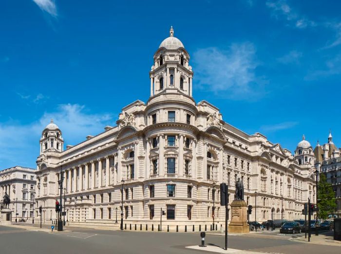 The stunning white Edwardian baroque façade of Raffles London, complete with its iconic cupolas.