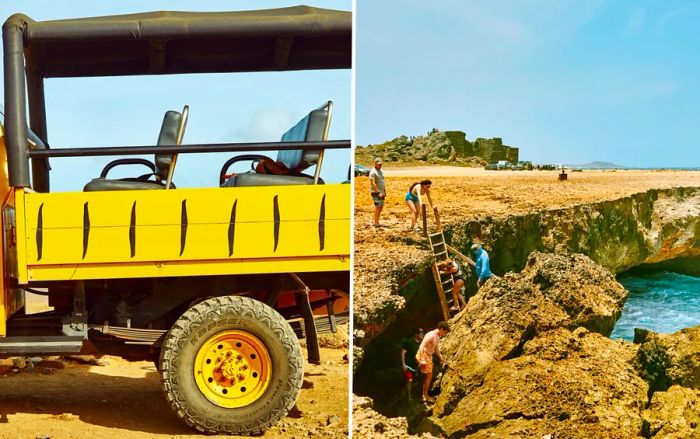 A side view of a yellow Jeep, with a few people using a ladder along the coastline at Arikok National Park.