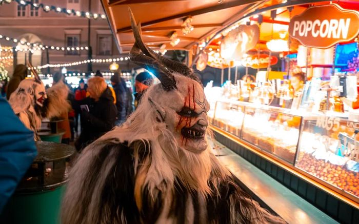 A person wearing a horned, menacing Krampus mask at an outdoor market selling popcorn