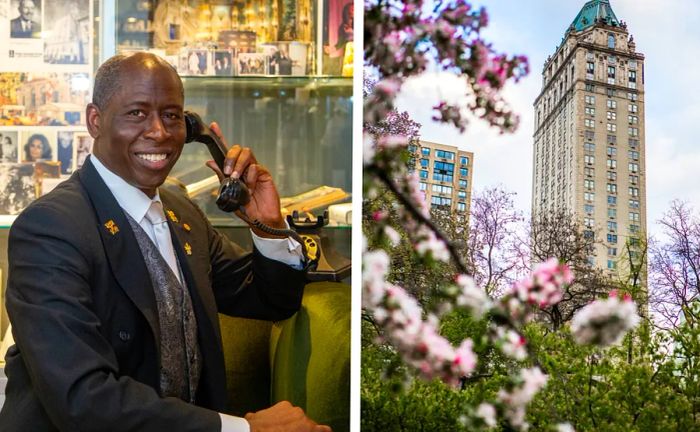 Left: Maurice Dancer, chief concierge at The Pierre, A Taj Hotel. Right: The hotel’s facade framed by blooming trees in the foreground.