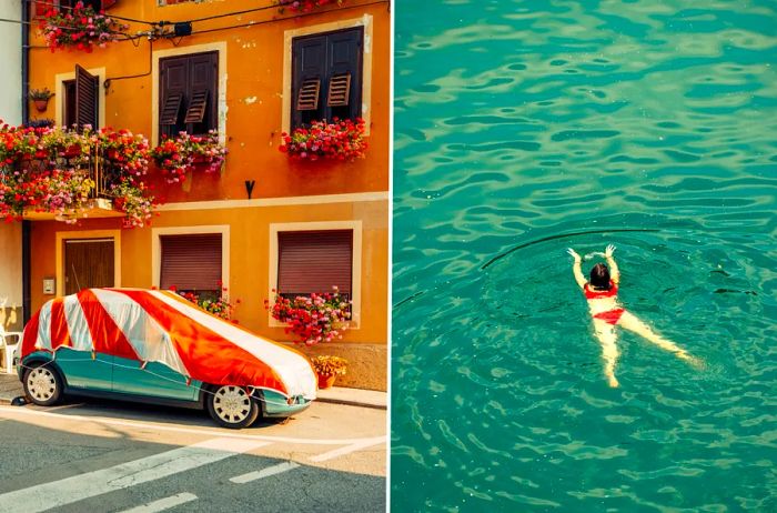 Left: A car adorned with a white and orange cover. Right: A woman swimming in the Soča River.