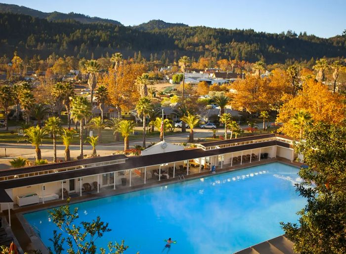 Aerial view of the main Olympic-sized swimming pool at Indian Springs in Calistoga, California