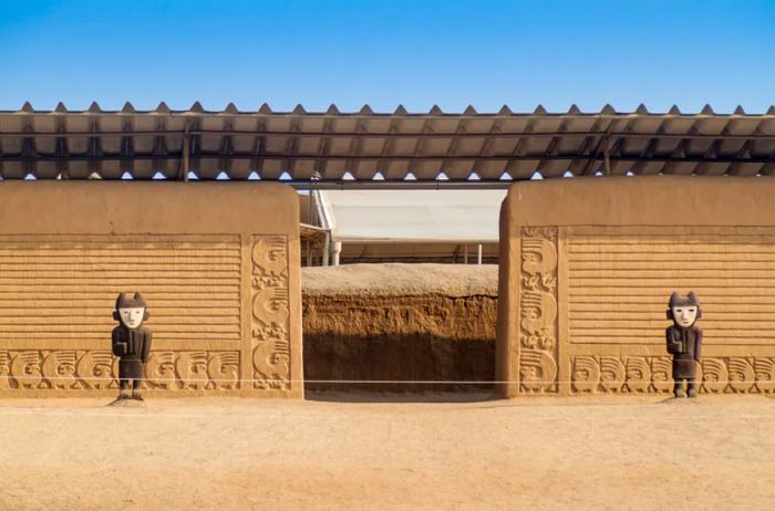 Adobe walls at the archaeological site of Chan Chan in Trujillo, Peru