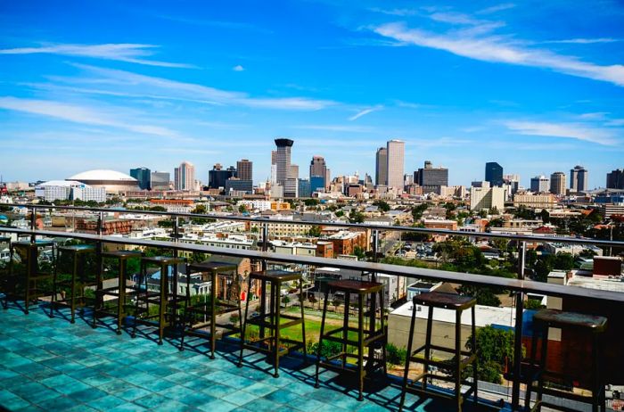 Rooftop bar at the Pontchartrain Hotel featuring stunning panoramic views of downtown New Orleans