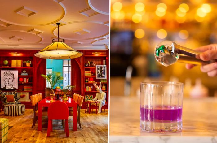 Virgin Hotels New Orleans lobby (left) and purple Mardi Gras cocktail (right)