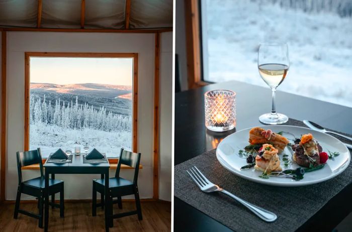 A small dining table positioned beside a large window offers a stunning view of a snowy landscape (L); a close-up shot showcases a beautifully arranged place setting featuring a plate of food and a glass of wine (R) at Borealis Basecamp.