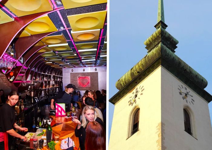 Brno’s bar scene flourishes at 4pokoje (left), nestled among the city’s historic buildings (right)