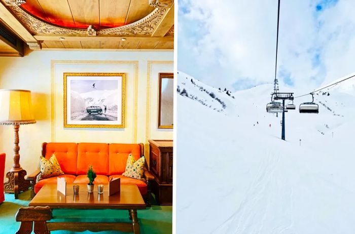 Interior of Hotel Kristberg featuring an orange sofa (L); slope and ski lift at Lech (R)