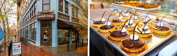 The façade of French Broad Chocolate Lounge on a rainy autumn afternoon.