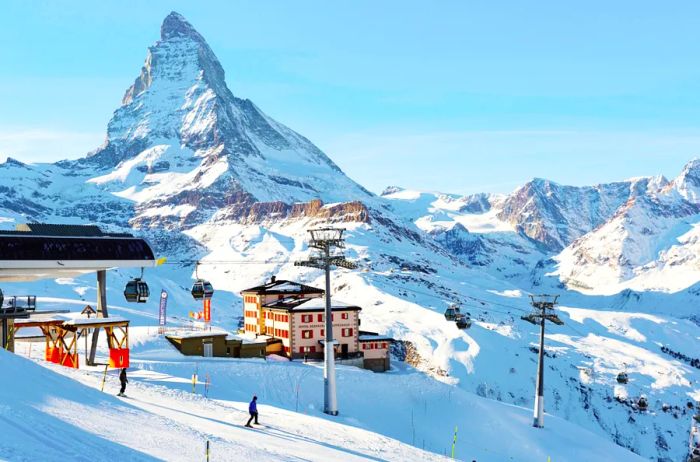 Ski lift at resort in Zermatt, with the Matterhorn in background