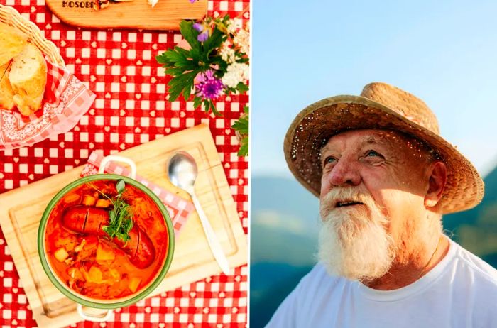 Left: A hearty sausage meal served with bread on a gingham tablecloth. Right: An older man with a white beard and a straw hat.