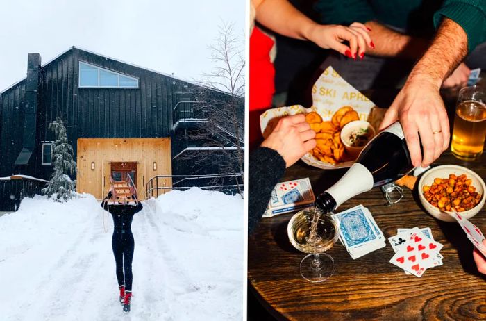 A skier enjoys the slopes outside Scribner's Lodge at Hunter Mountain (L); a small group gathered at a table playing cards and sipping drinks, surrounded by snack bowls (R)