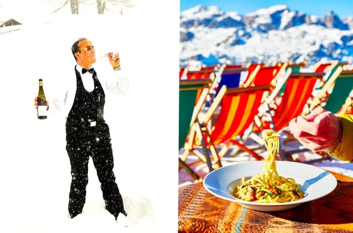 Sommelier Stefan Ploner enjoying a local wine in the snow (L); a delicious plate of pasta on an outdoor deck (R)