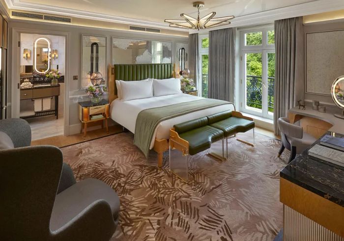 Interior of a guest room showcasing earth tones and art deco details