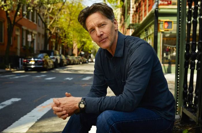 NEW YORK, NY - APRIL 20: American actor, television director, and author Andrew McCarthy is photographed in his home neighborhood of Greenwich Village, New York, NY on April 20, 2021. McCarthy’s upcoming memoir, “BRAT: An 80’s Story,” is set to be released soon. (Photo by Jesse Dittmar for The Washington Post)