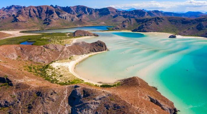 Aerial view during the day showcasing Playa Balandra, a renowned beach located in La Paz, Baja California Sur.