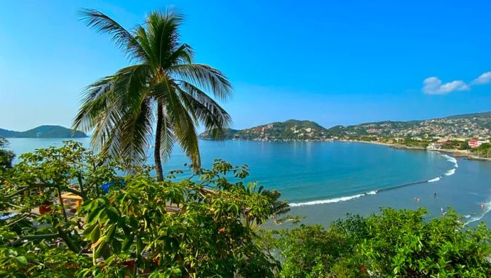 Aerial view of the winding Zihuatanejo Bay in Guerrero