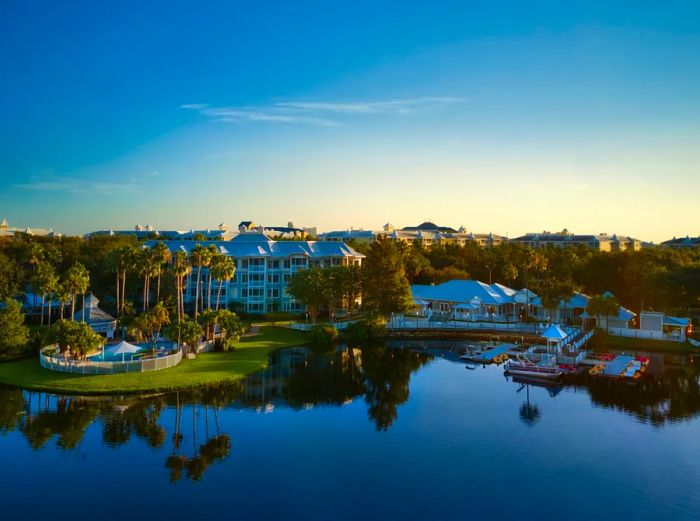 A picturesque view of the lake alongside Marriott's Cypress Harbour Villas