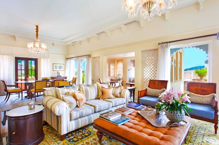 Interior of the Kohinoor Suite, showcasing intricately hand-carved marble screens.