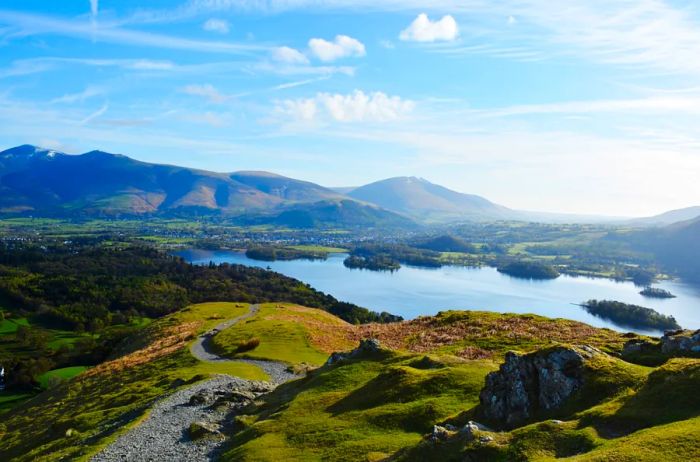 A picturesque lake surrounded by hills in Lake District National Park