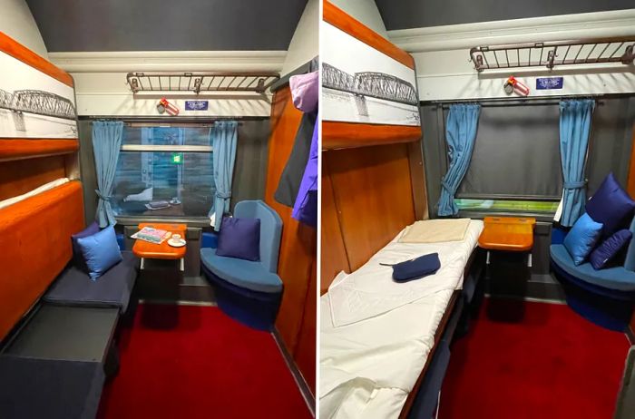 Private sleeper cabin with the bed stowed away (L) and down (R)