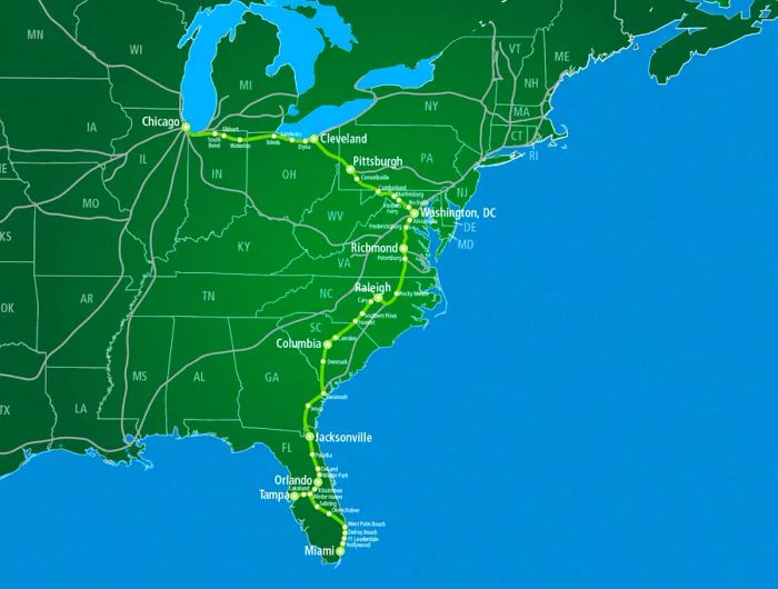 Green map illustrating the eastern portion of the USA, highlighting Amtrak's Floridian line from Chicago to Miami, passing through Washington, D.C.