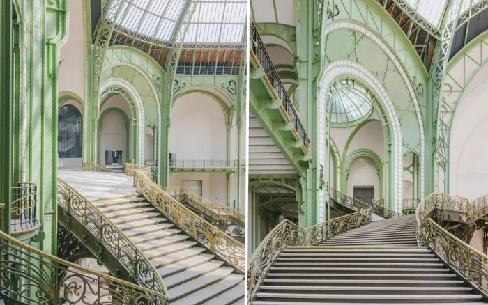 Two perspectives of the broad, shallow staircases within the Grand Palais, featuring elegant, curvy metal railings.