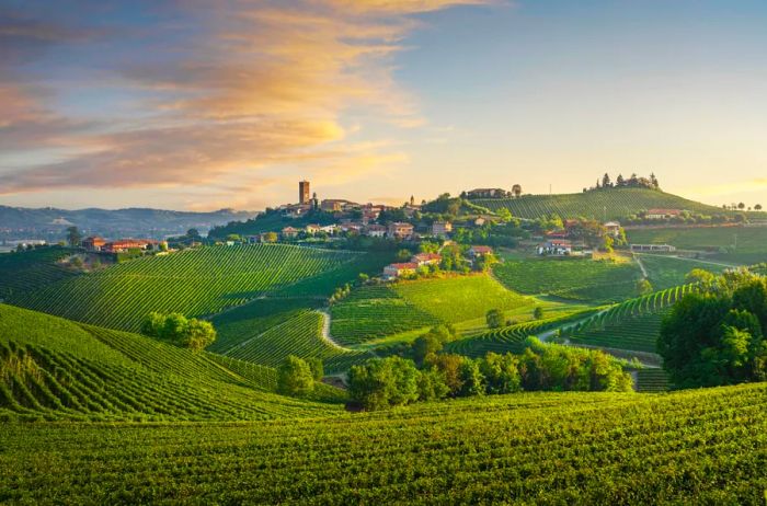 Lush green hills adorned with vineyards, a historic village, and a distant tower in Italy's Piedmont region